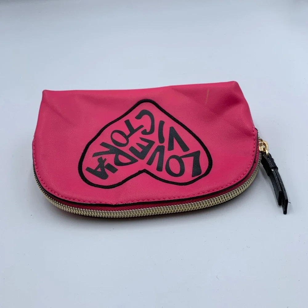 Victoria's Secret Love Victoria Beauty Makeup Bag Womens Pink Black Leather